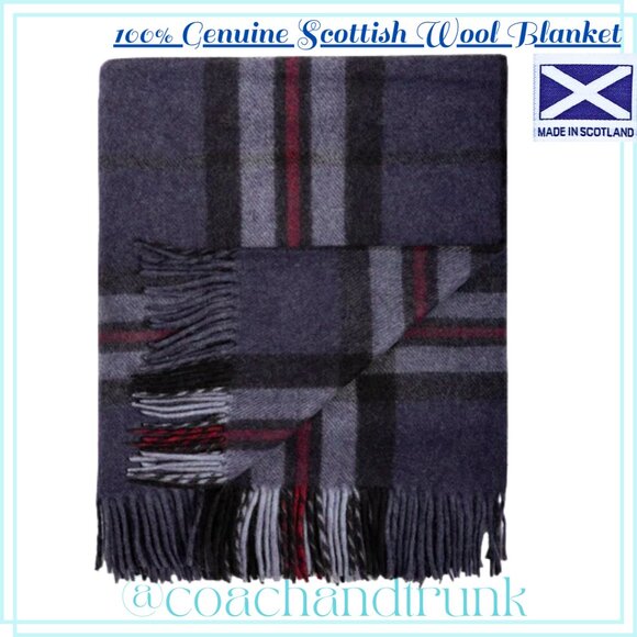 SCOTTISH IMPORT WOOL NWT THROW BLANKET Blue Grey Black Red Import Tomson Navy - Picture 1 of 11